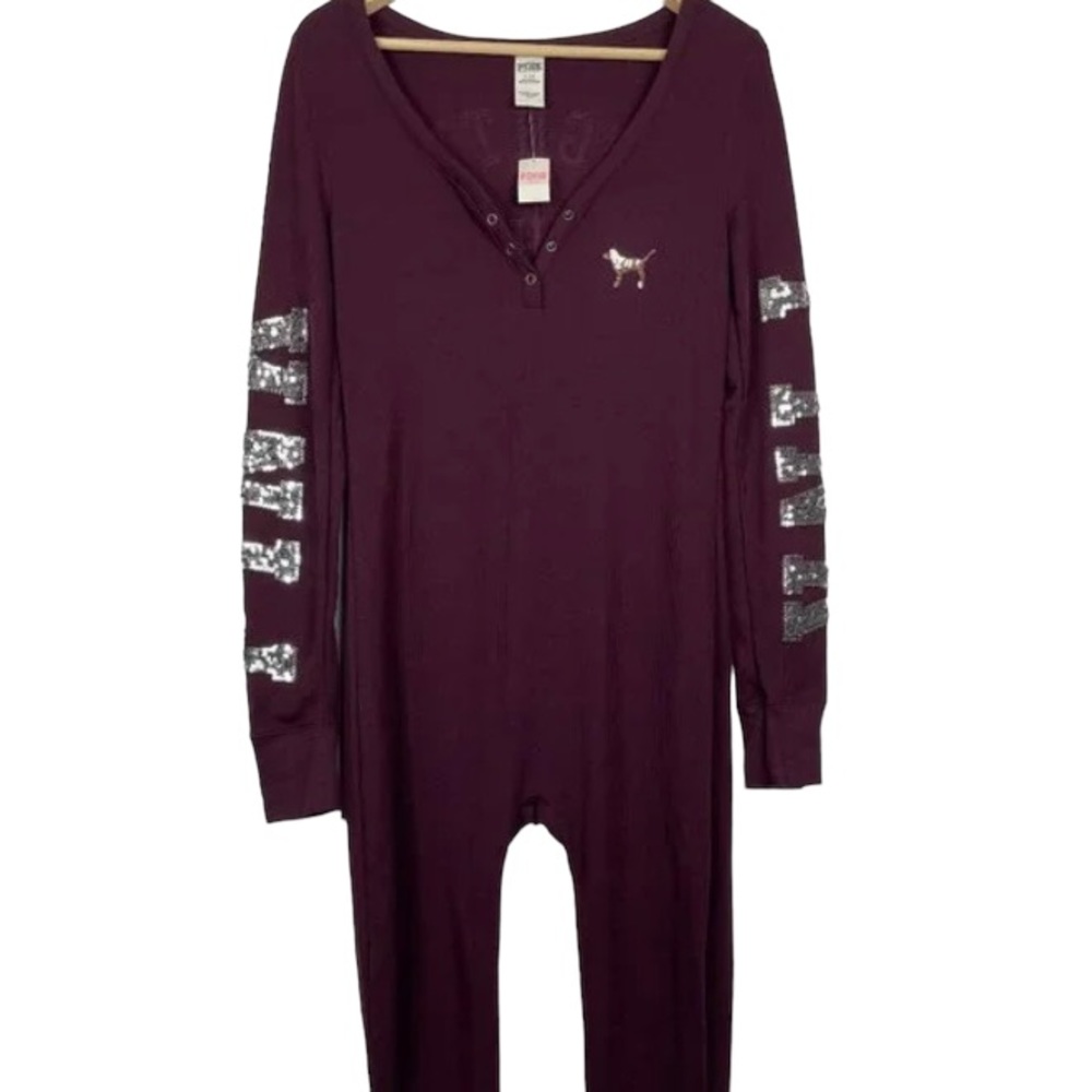 Victoria’s Secret PINK Naughty New Nice Burgundy Sequin Thermal Onesie L - Picture 11 of 13